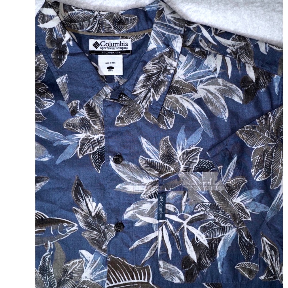 Columbia Mens Blue Tropical Fish Palm Print Cotton Button Down Shirt Large